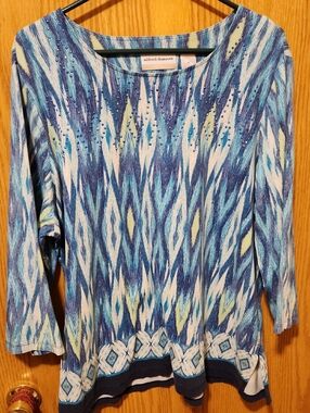 Alfred Dunner Blue Multi-Pattern Beaded Scoop Neck 3/4- Sleeve Top